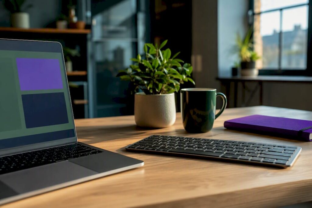 Laptop and keyboard beside a notebook, mug and plant on an office desk
