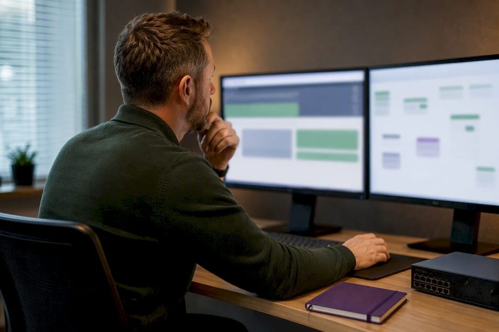 Person reviewing two monitors beside a notebook and network switch