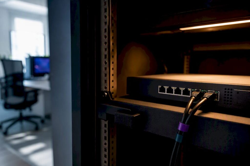 Network appliance with connected Ethernet cables in an office communications cabinet