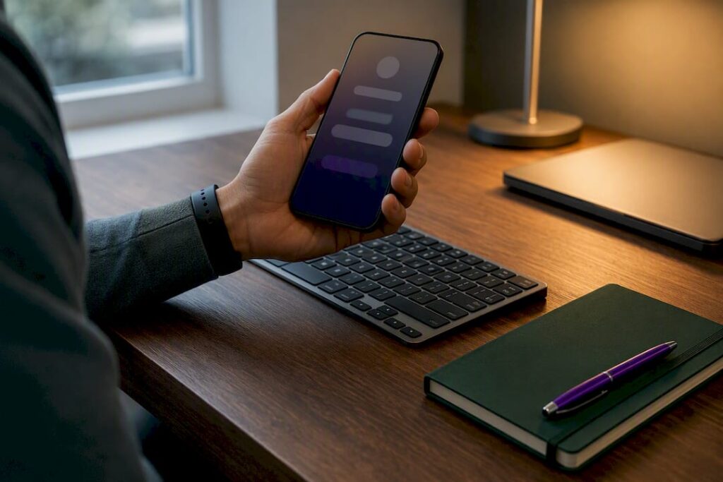 A person holding a phone with a sign-in screen beside an office keyboard.