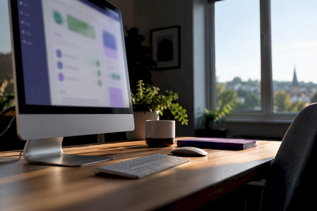 Desktop computer, keyboard and notebook on an office desk beside a window