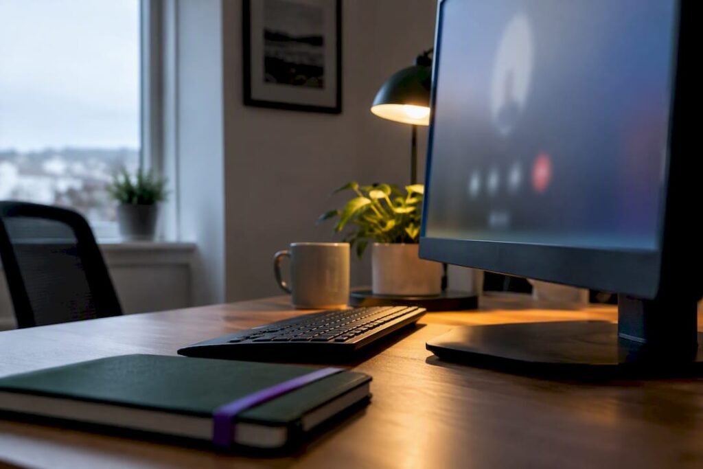 Desktop monitor on an office desk beside a keyboard, mug and plant
