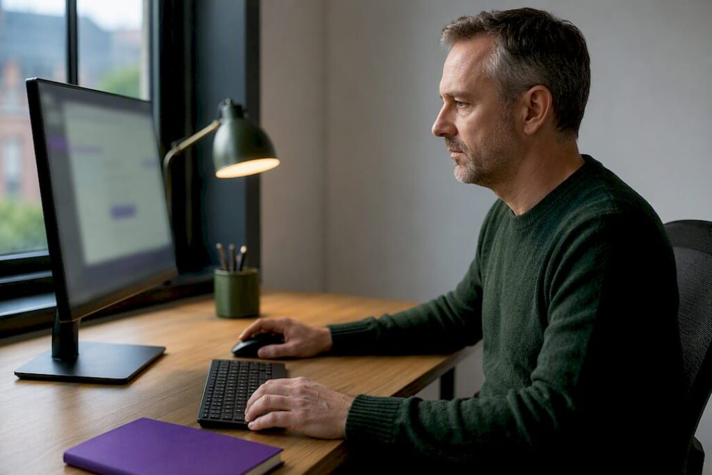 Person working at a desktop computer beside a notebook and desk lamp