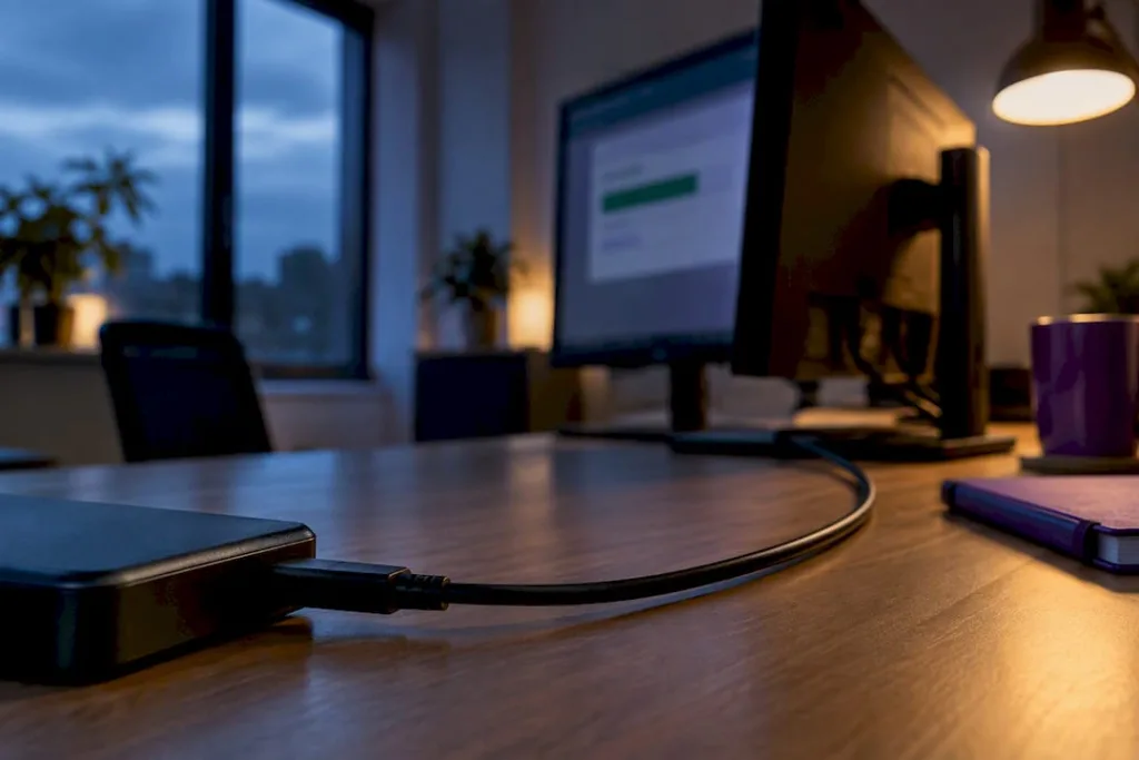 External backup drive connected beside a monitor on an office desk