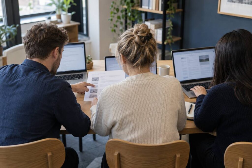 Three colleagues practising a task on laptops using a printed training brief