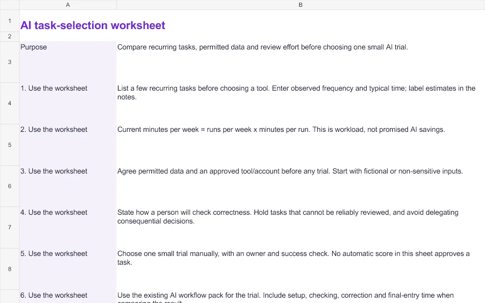 Instructions excerpt from the ai task-selection worksheet, showing its purpose and first steps.