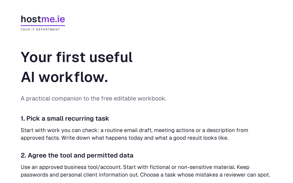 First-page excerpt of the AI workflow guide, showing how to choose a task and agree permitted data.