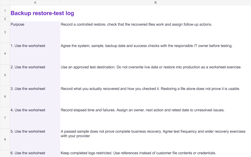 Instructions excerpt from the backup restore-test log, showing its purpose and first steps.