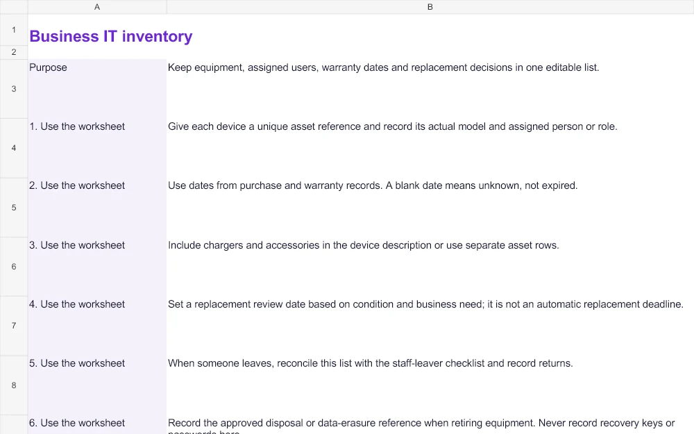 Instructions excerpt from the business it inventory, showing its purpose and first steps.
