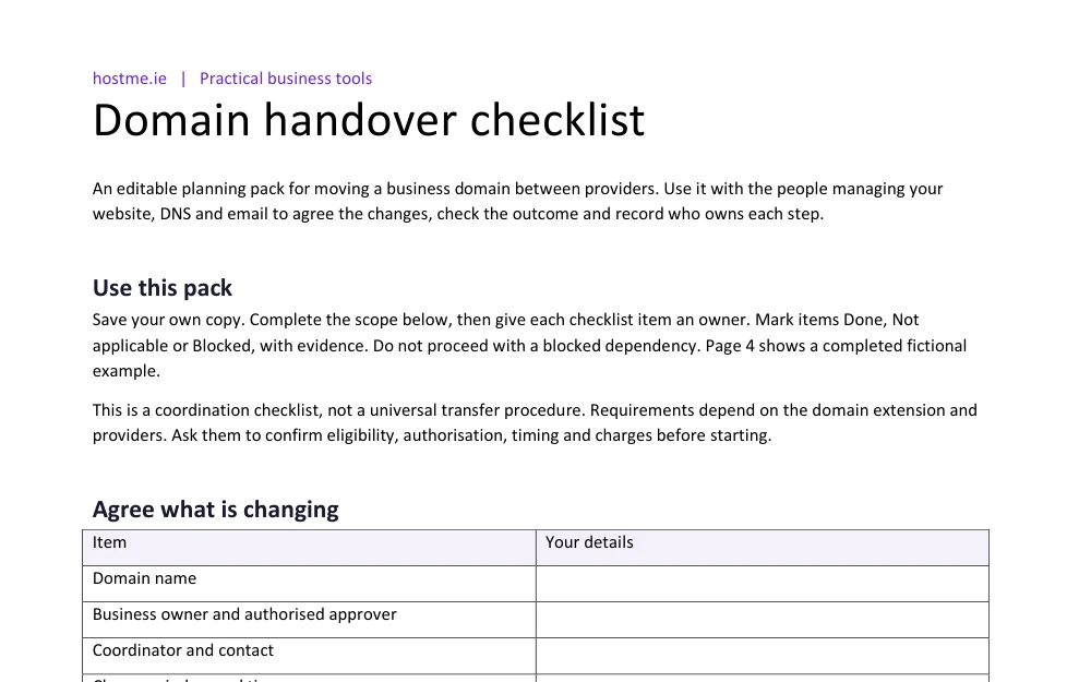 First-page excerpt of the domain handover checklist, including the scope and owner details table.