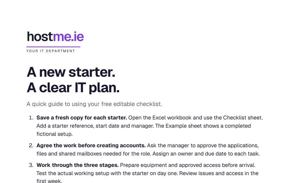 First-page excerpt of the new-starter IT quick-start guide, showing the preparation steps.