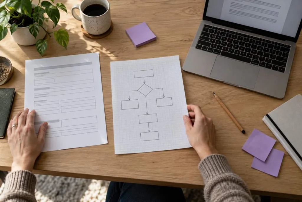 Hands comparing a printed form and a paper flowchart beside a laptop