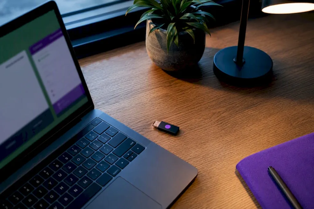 Laptop, USB device and notebook on a desk prepared for work