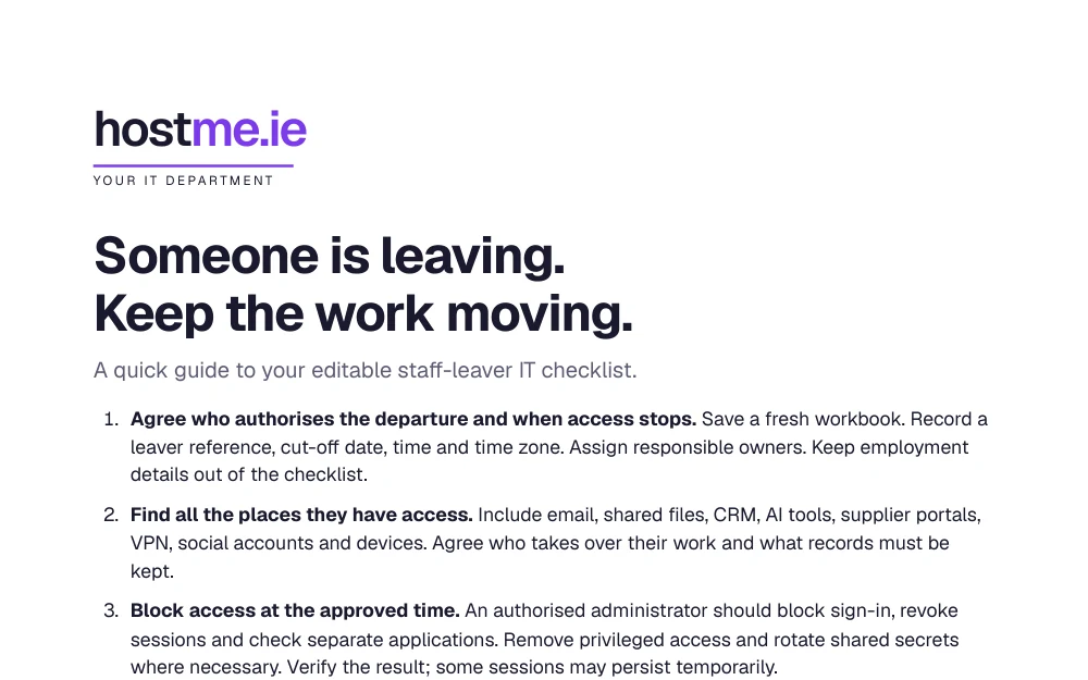 First-page excerpt of the staff-leaver guide, showing access removal and handover steps.