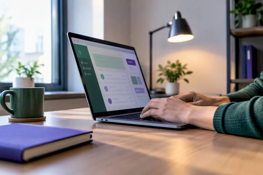 Hands typing on a laptop at a desk beside a notebook, mug and lamp; illustrative workplace scene.