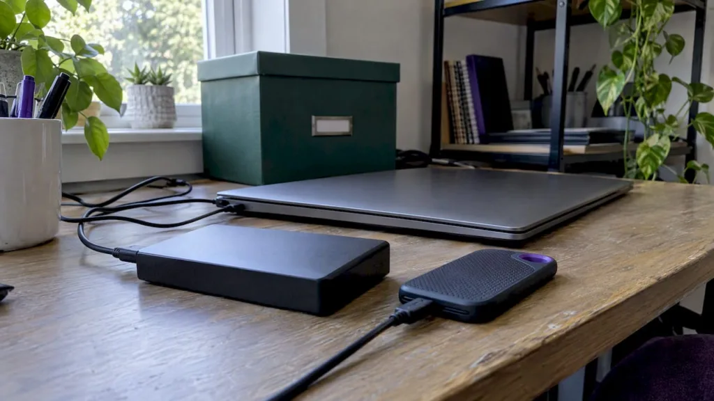 Closed laptop and two external drives on a wooden desk; illustrative backup equipment.