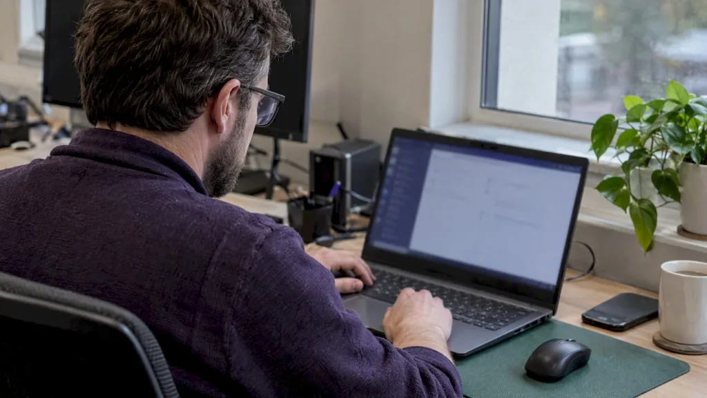 Person using a laptop beside a desktop monitor, notebook and mug in an office.