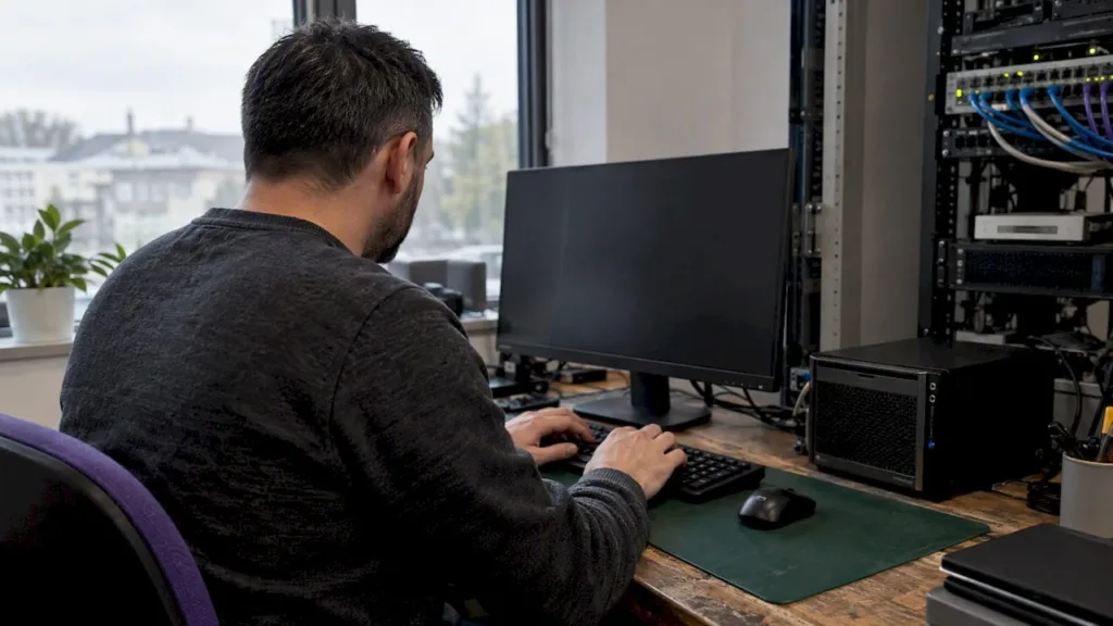 Person using a desktop keyboard beside a monitor and network equipment rack.