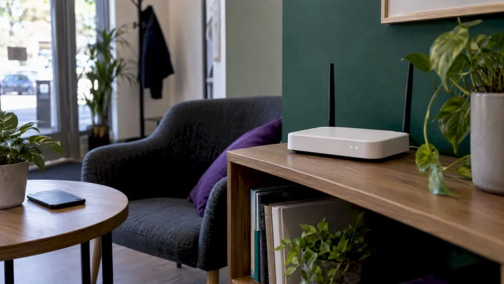 Wireless router on a table beside an armchair and window in a small reception area.