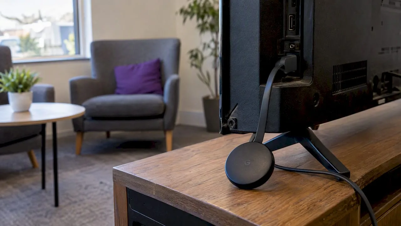 Chromecast beside a waiting-area television
