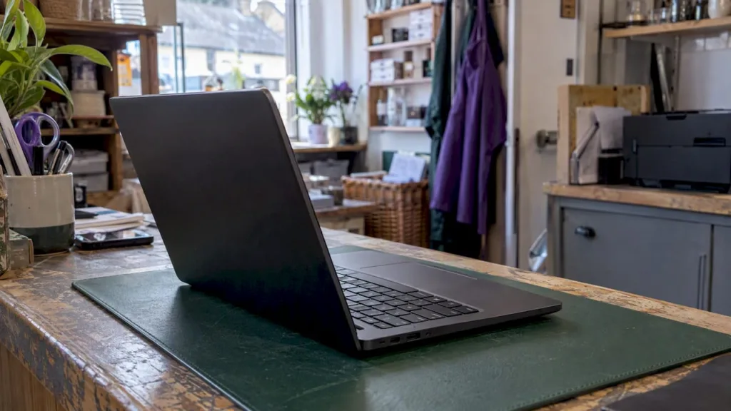 Open business laptop on a back-office counter