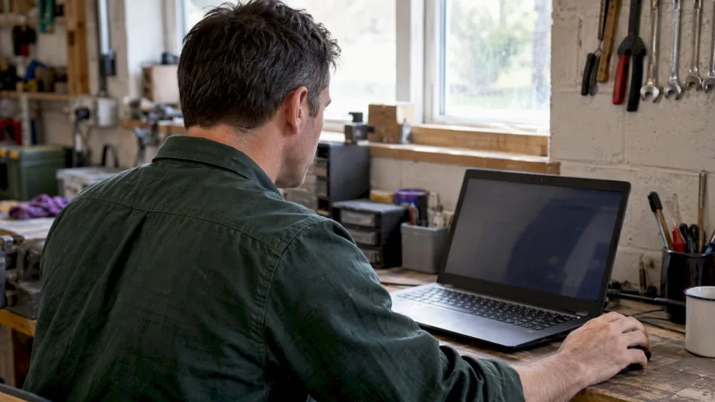 Person using a laptop at a workshop bench