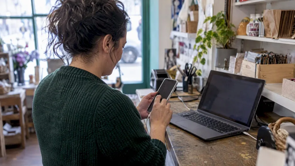 Woman using a smartphone beside a laptop at a small shop counter; illustrative image.