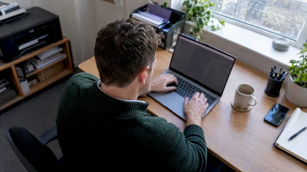 A person using a laptop at a desk beside a smartphone, notebook and printer; illustrative image.