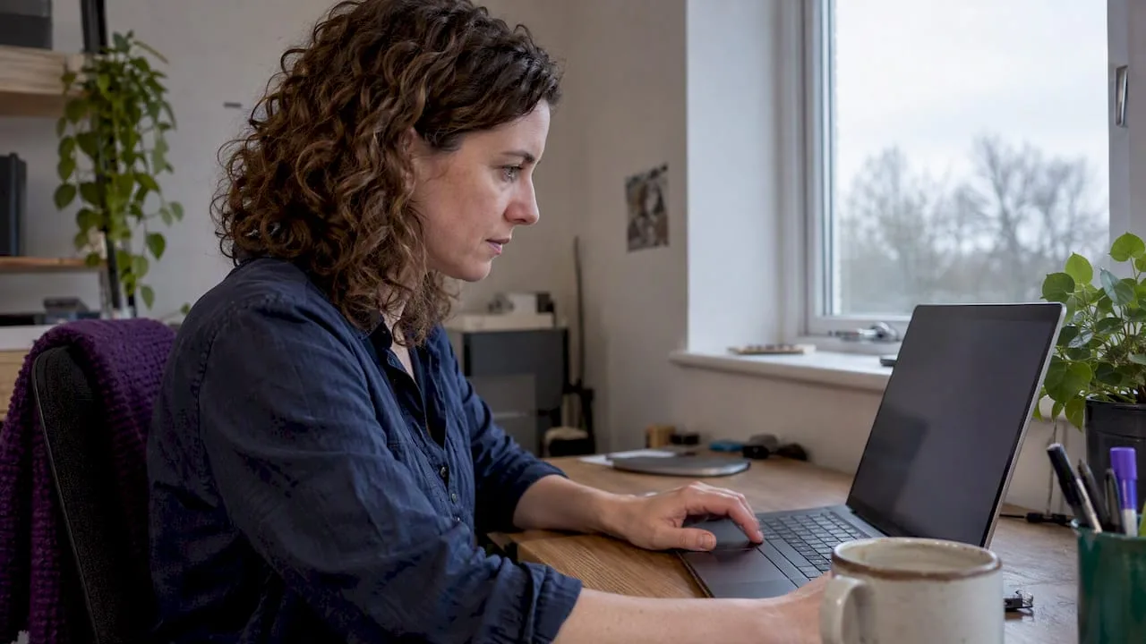 A woman using a laptop beside a window in a small office; illustrative image.