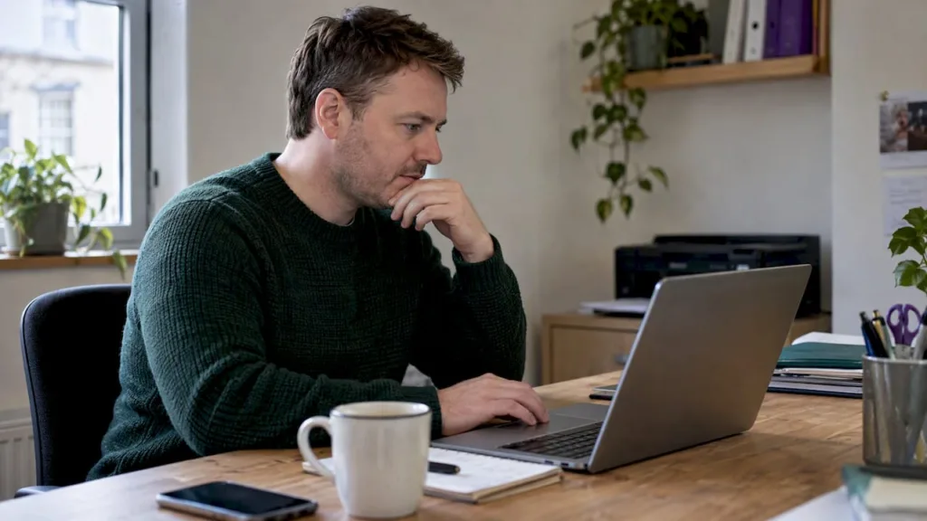 Man using a laptop at a wooden desk with a notebook, mug and phone; illustrative office scene.