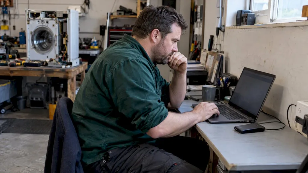 Sole trader comparing backup options at workshop desk