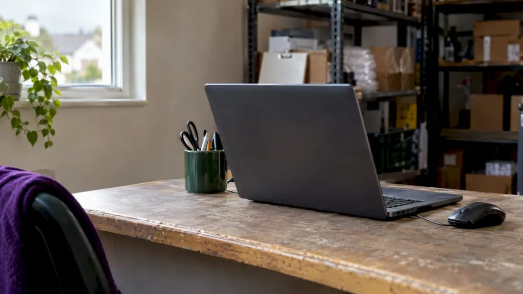 Open laptop on a small business office desk