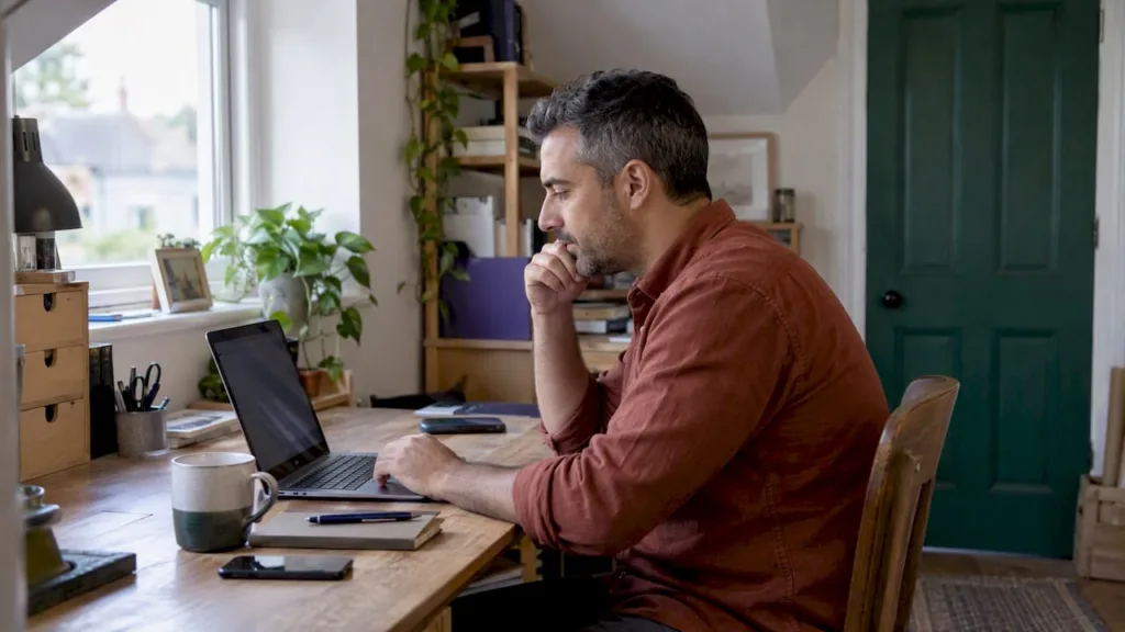 Sole trader comparing automation platforms on laptop