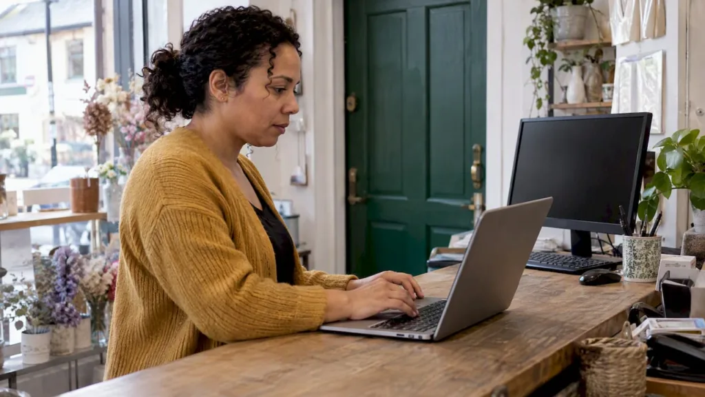 Small-business laptop beside a remote desktop computer