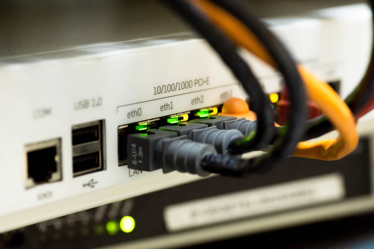 Ethernet cables connected to ports on network equipment.