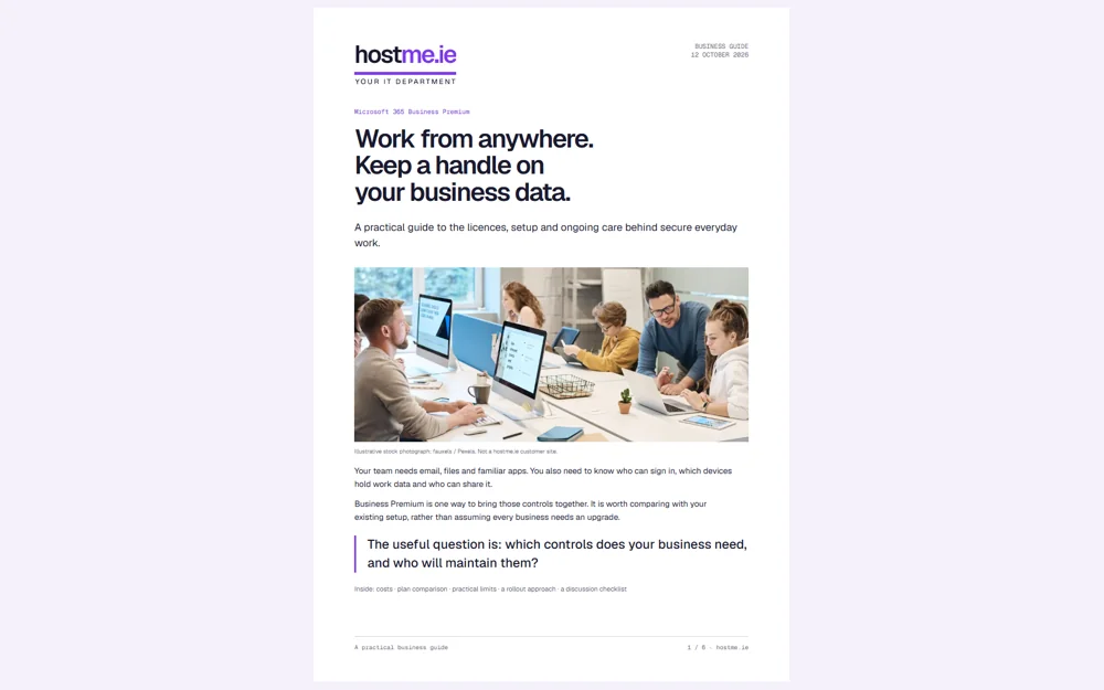 First page of the hostme.ie Business Premium guide, showing its title and an illustrative office photograph.